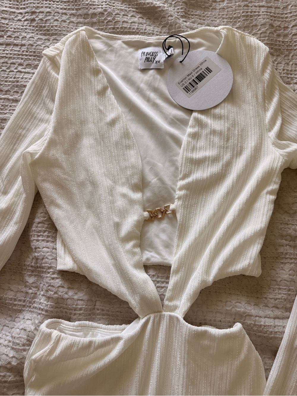 Princess Polly Cream Ribbed Cutout Long Sleeve Dress with Gold Clasp